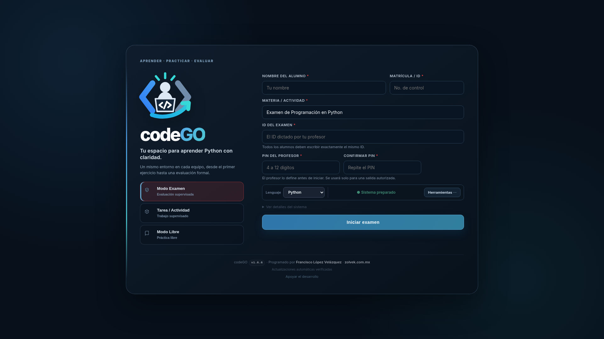 Lobby de bienvenida compacto de CodeGO con selector de modo de 3 estados y verificación de periféricos